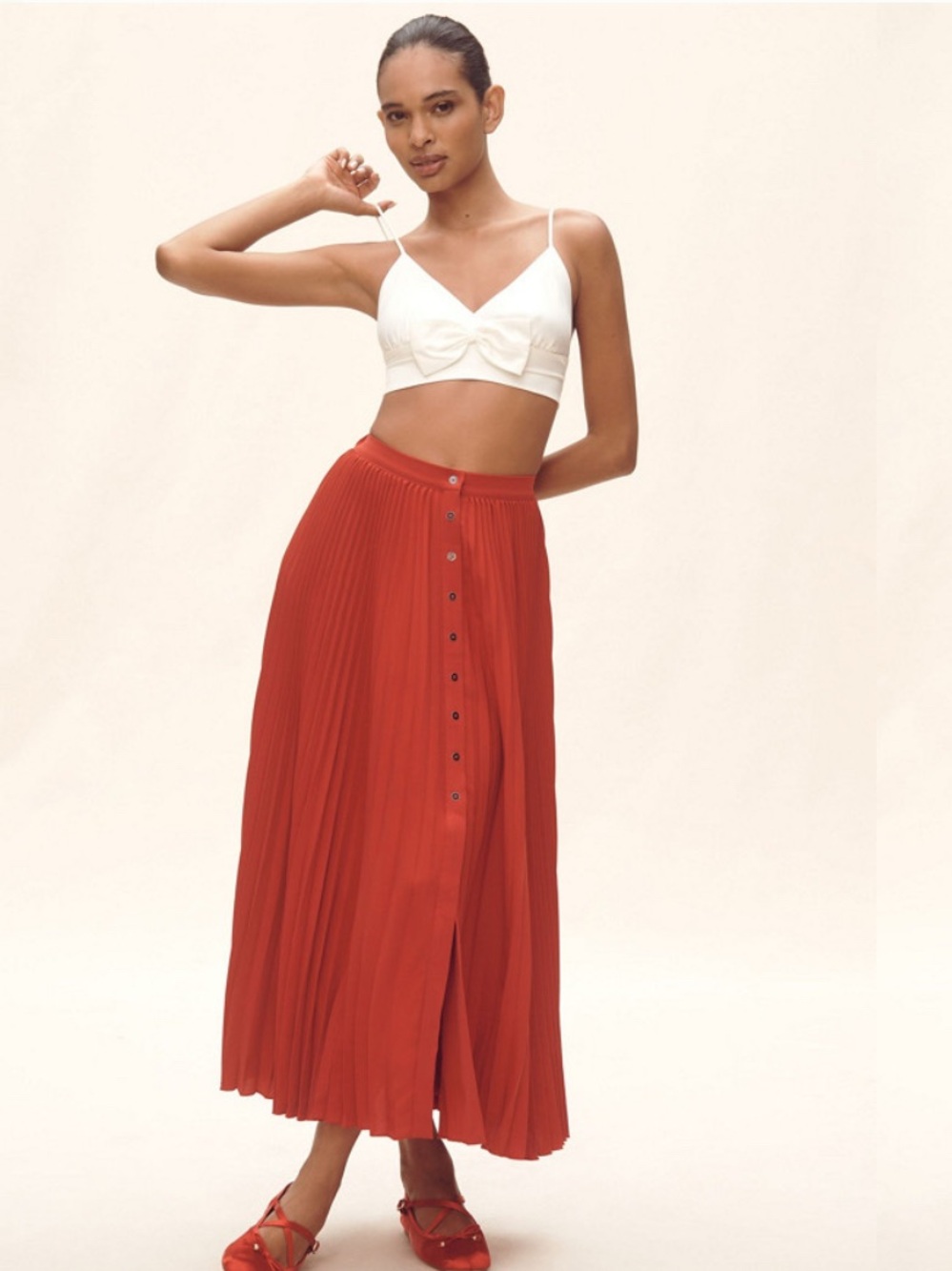 Maeve for Anthropologie Red Pleated Button-Front Maxi Skirt